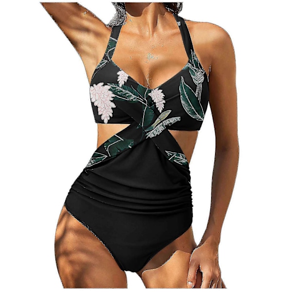 Kvinnor främre kors urklippt baddräkt i ett stycke magkontroll badkläder tankini monokini strandkläder Black XXL