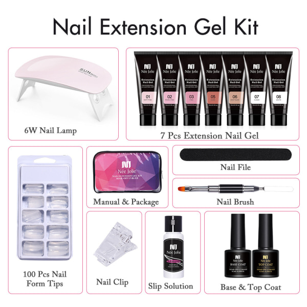 Nail Kit med UV-ljus Starter Kit, 7 st Gel Nail Extension Kit