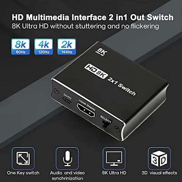 HD Multimedia Interface Switch 8K @ 60Hz Videodelare Plug and Play Liten för Laptop Spelkonsoler