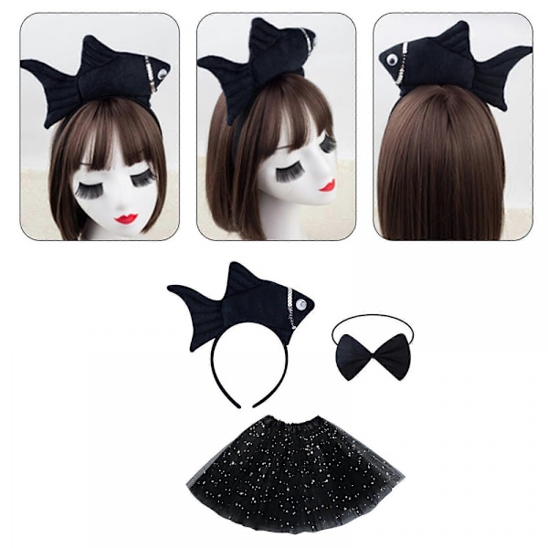 1/3 st Guldfiskdräkt Guldfisk Hårband Fluga Tutukjol Set Djur Guldfisk Cosplay Kostym Tillbehör Barn Flickor (Svart guldfisk rosett t)