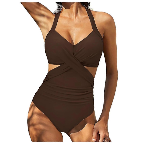 Kvinnor främre kors urklippt baddräkt i ett stycke magkontroll badkläder tankini monokini strandkläder Brown XXL