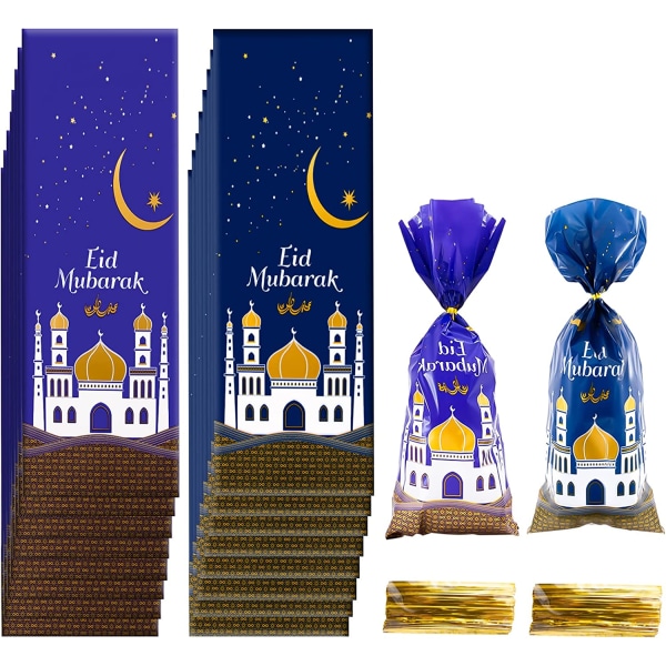 100 bitar Ramadan presentpåsar, blå och lila godispåsar