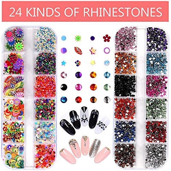 Kaxich Nagelkonst Kit Nagelkonstset 15st Nagelpenslar 5st Dotting Pens 24 Olika DIY Rhinestones 10 Rullar Nagelband Nagelbandstång en