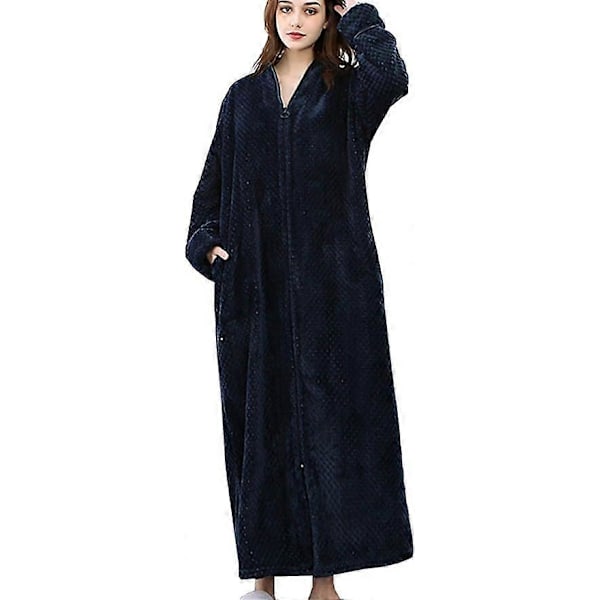 Dam Zip Fleece Våfflad Lång Morgonrock Fluffig Handduksbadrock Sovplagg Navy M