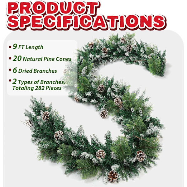 9 ft förbelyst julgirlander med 100 lampor batteridriven timer Green Snow Branches Garland