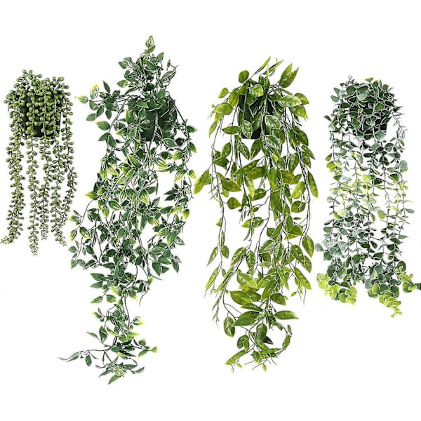 Konstgjorda hängväxter, 4-pack falska hängväxter falska krukväxter grönska växter Faux Eucalyptus Vine, Mandala Vine, Pärlband, Ärtskideblad