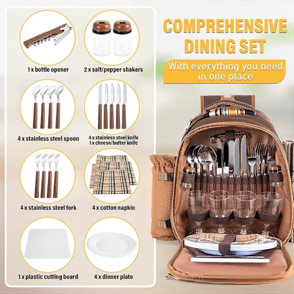 Picknickryggsäck för 4 personer, isolerad picknickväska med filt, kylfack, vinväska - Perfekt picknickryggsäck för utomhusbruk med familjen