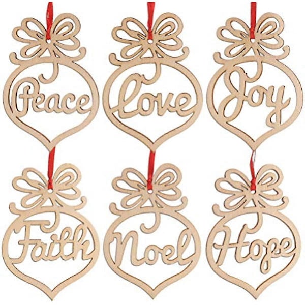 Healifty 6 st Trä Julgransdekorationer Ornament Hängande Utskurna Hjärta Fred Kärlek Glädje Tro Noel Hopp Julpyssel Utsmyckningar