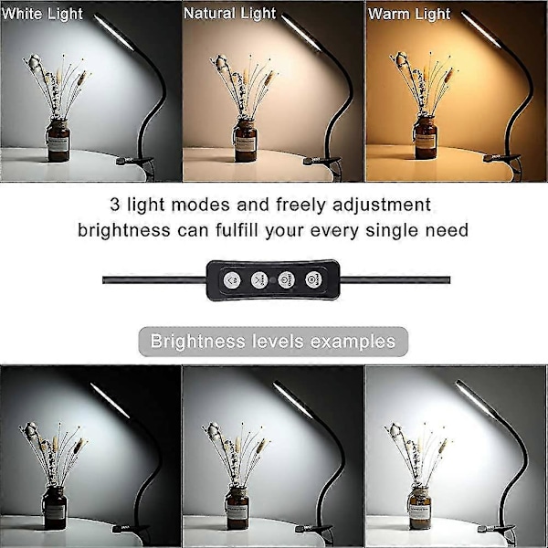 Klämlampa för Skrivbord, Flexibel LED Läslampa med Justerbart Ljus i 3 Färger