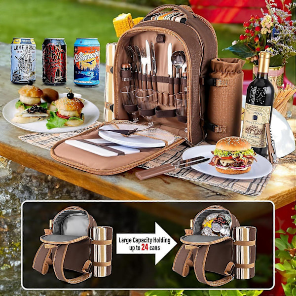 Picknickryggsäck för 4 personer, isolerad picknickväska med filt, kylfack, vinväska - Perfekt picknickryggsäck för utomhusbruk med familjen