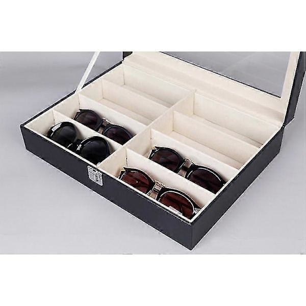 Läder 8 Delars Förvaring för Glasögon och Solglasögon Display Låda Låsbar Fodral Organizer, svart
