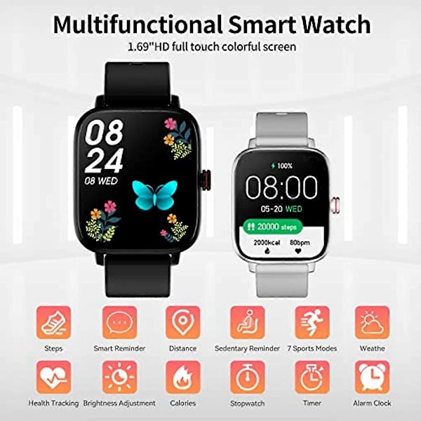 Smartklocka Luoba 169 Full Touch SvaraRing Android Smartwatch för Kvinnor Män Fitness Tracker med Pulsmätare Sömnmonitor Kaloriräknare Stegräknare silver