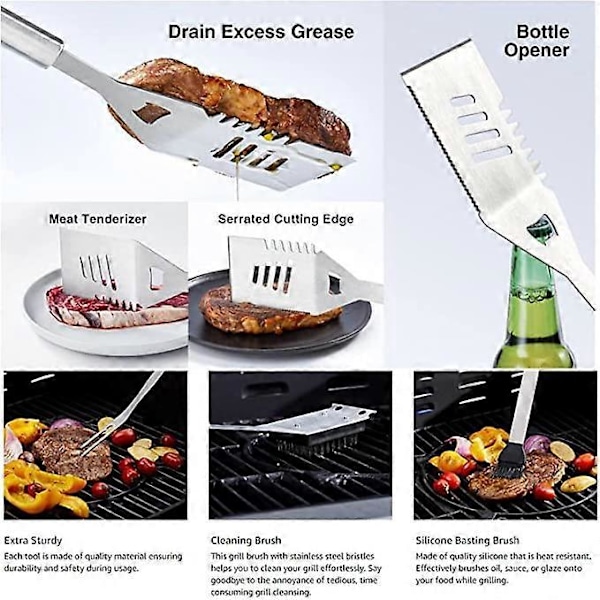 Grillverktygsset i rostfritt stål, Grillverktygsset, Grillredskapstillbehör med förvaringsförkläde, för grillning inomhus och utomhus