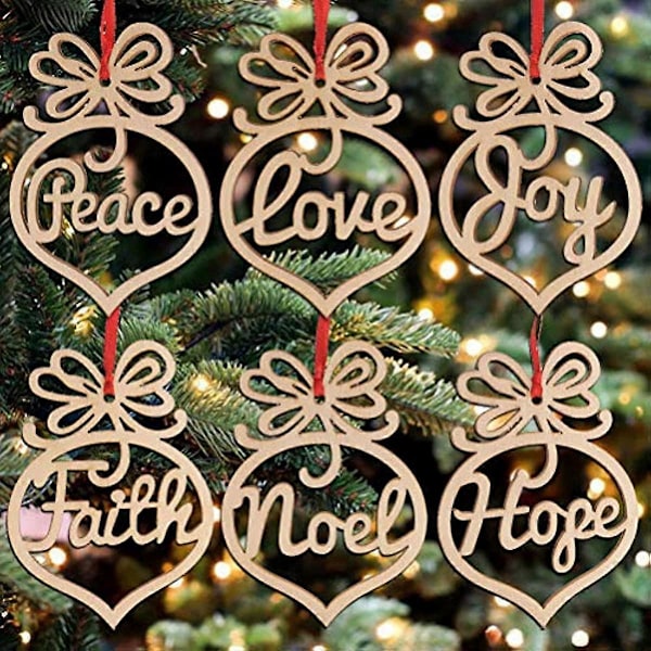 Healifty 6 st Trä Julgransdekorationer Ornament Hängande Utskurna Hjärta Fred Kärlek Glädje Tro Noel Hopp Julpyssel Utsmyckningar