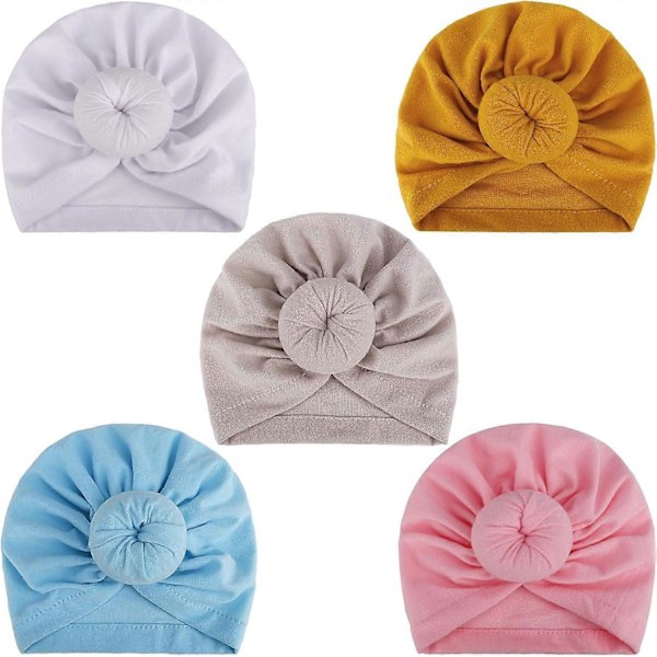 Turban Baby Pannband, Nyfödd Knuthuva, Sjukhusmössa för 3-24 Månader, Spädbarn Flickor Pojkar Mjukt Bomulls Elastiskt Pannband (5-pack), flerfärgad, m