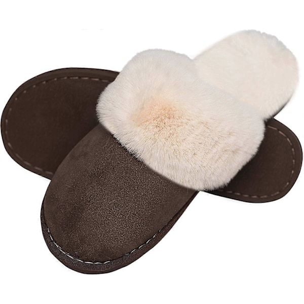 Damtofflor Memory Foam Mjuka Slip-on Inneskor Mocka Fodrade med Fuskpäls Halkfri Sula Inomhus &amp; Utomhus Brown006 7-8 UK