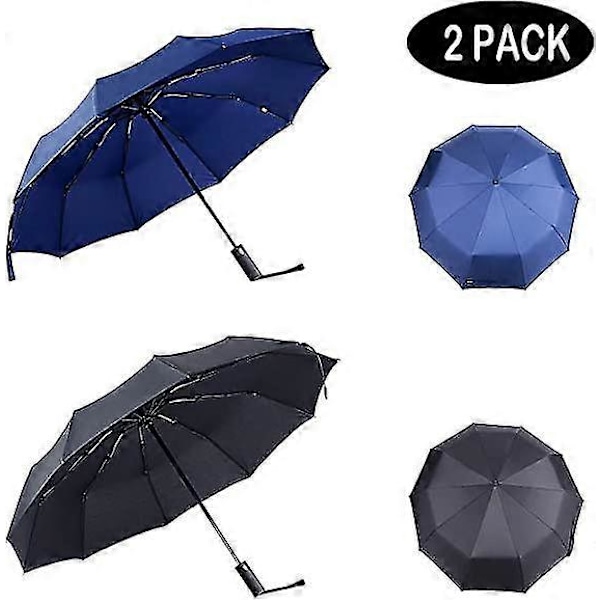 2-pack Reseparaplyer Vindtäta 10 Rib Self Opening Foldable Folding Compact Umbrella