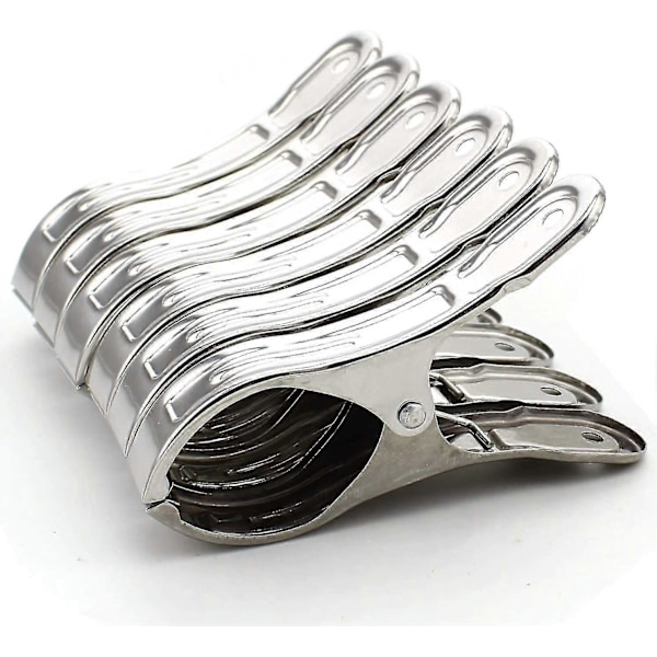 Strandhandduksklämma i rostfritt stål, metallklämma, stor handduksklämma för strand, pool, daglig tvätt, tungt bad (6 stycken, silver)