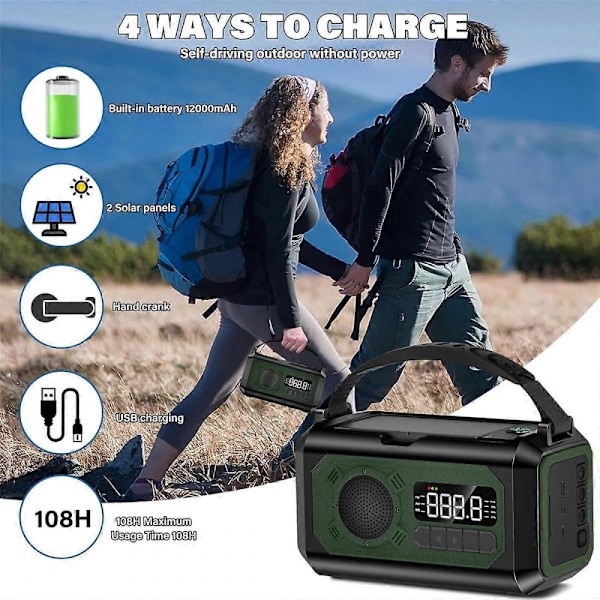 12000MAh Nödradio med Vev, Solcellsdriven Radio, Portabel AM/FM/ Radio med Ficklampa