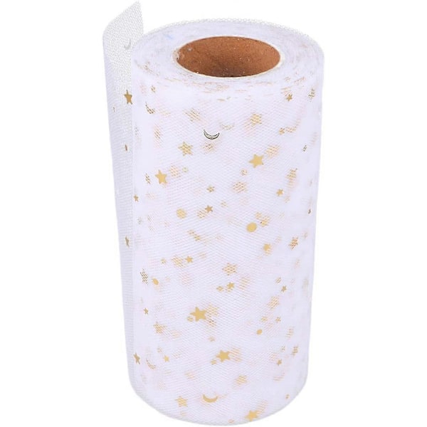 HEALLILY 1 Rulle Meshband Bredd Nyckfullt Band med Guldstjärna Måne Paljett DIY Hantverk Webband för Presentinslagning Hem Bröllop Tårtdekoration 2280x15c White