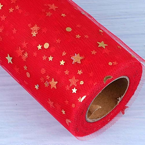 HEALLILY 1 Rulle Meshband Bredd Nyckfullt Band med Guldstjärna Måne Paljett DIY Hantverk Webband för Presentinslagning Hem Bröllop Tårtdekoration 2280x15c Pink
