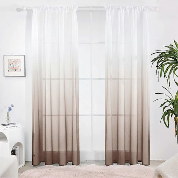 Halvtransparenta gardiner - Fusklinne gröna voilegardiner, 2 paneler, Stångficka gradient transparenta gardiner för sovrum Brown 150x250cm