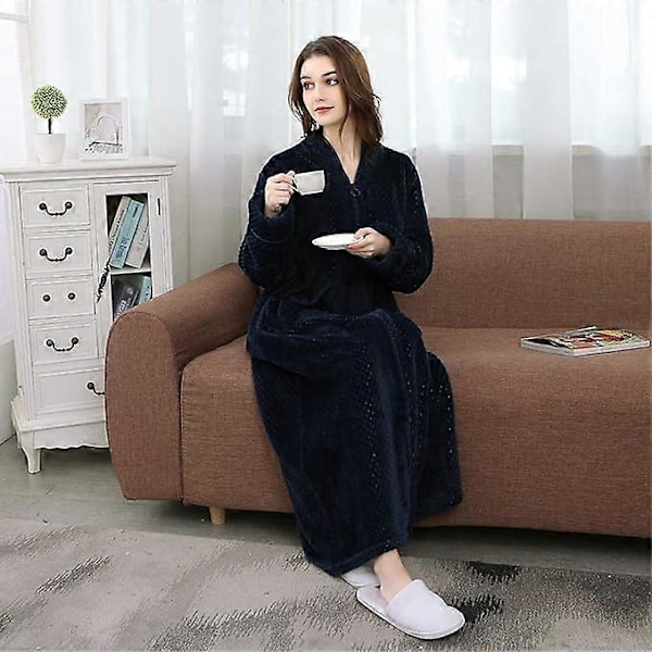 Dam Zip Fleece Våfflad Lång Morgonrock Fluffig Handduksbadrock Sovplagg Navy M