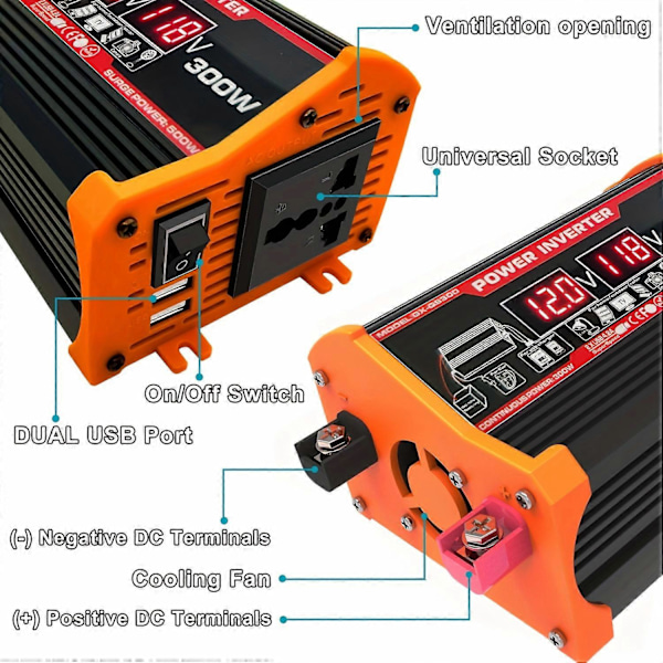 300W Strömriktare DC 12V till AC 110V Bilomvandlare med 2USB-gränssnitt, Biladaptrar Billaddare, med Digital Display