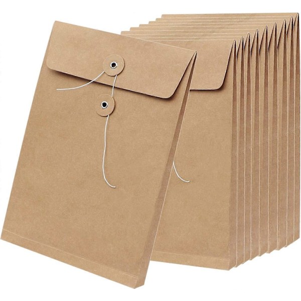 10 st A4 Kuvert med Kilficka Kraftpapper Dokumentmappar Foolscap Självförslutande Återvunna Påsar Starka Manila Kuvert med Snöre och Bricka