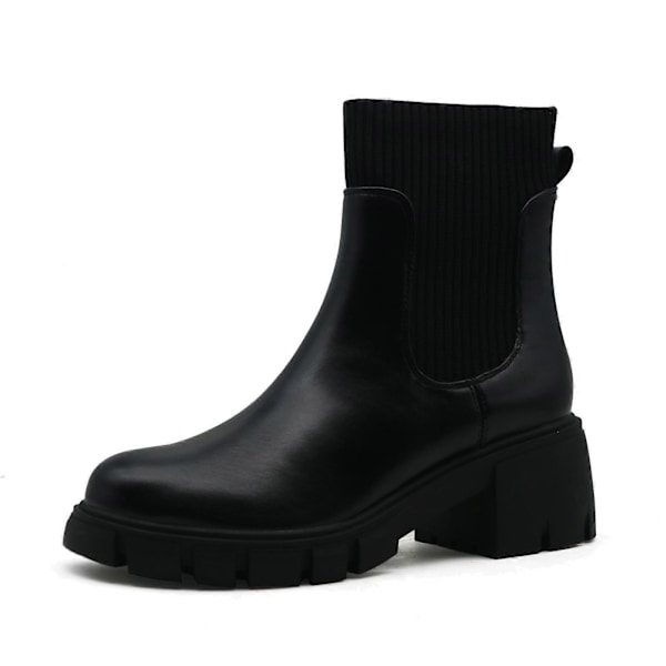 Dam Chelsea Boots Elastisk Slip On Chunky Heel Lug Sole Platform Stövlar Mode Ankelboots black US7