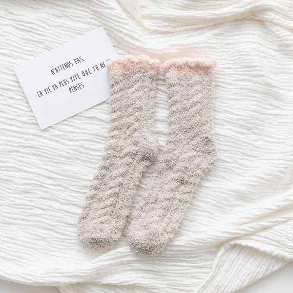 3ST Slipper Socks Fuzzy Socks Mysigt Vinter Varmt Fuzzy Home Kaki+rosa mun (en storlek)