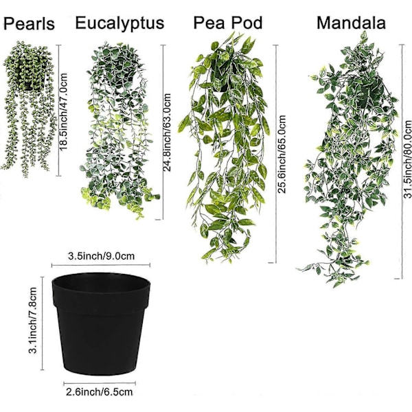 Konstgjorda hängväxter, 4-pack falska hängväxter falska krukväxter grönska växter Faux Eucalyptus Vine, Mandala Vine, Pärlband, Ärtskideblad