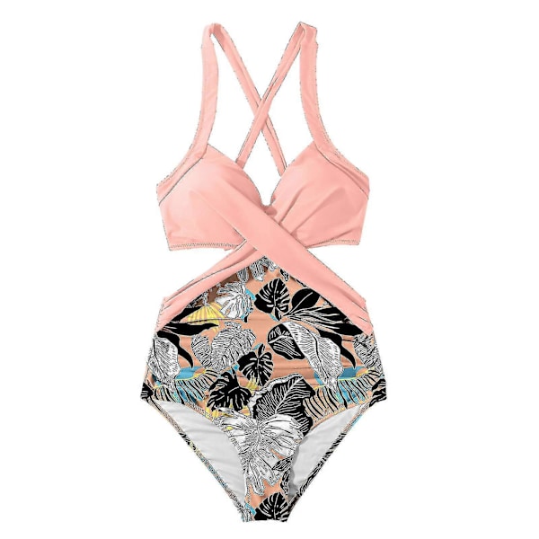 Kvinnor främre kors urklippt baddräkt i ett stycke magkontroll badkläder tankini monokini strandkläder Pink XL
