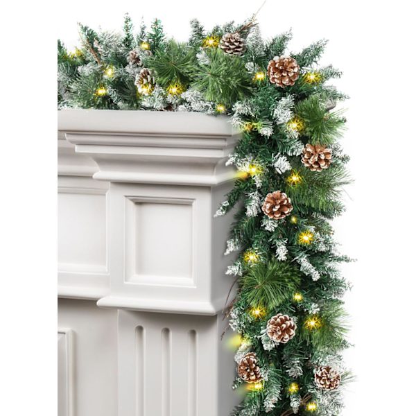 9 ft förbelyst julgirlander med 100 lampor batteridriven timer Green Snow Branches Garland