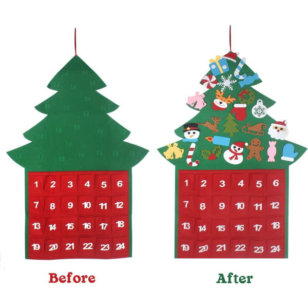 Gör-det-självfilt julgran, jul adventskalender med 24st prydnadssaker