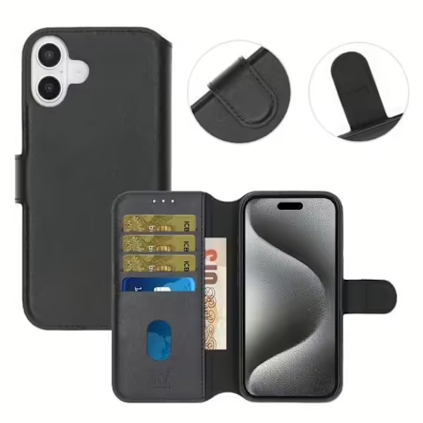 iPhone 16 Plus Plånboksfodral Äkta Läder Rvelon - Svart