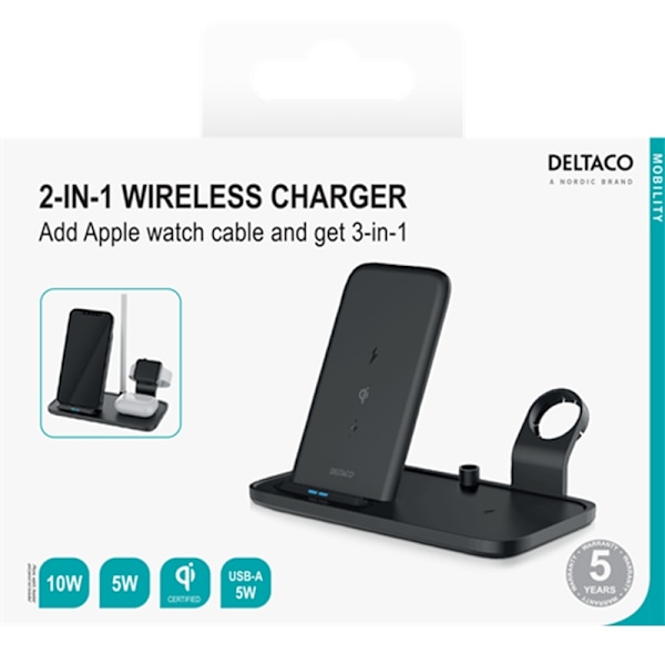 DELTACO 2-i-1 trådlös laddare, 10 W, USB-C, Qi-certifierad, dubbla LED-indikatorer, svart