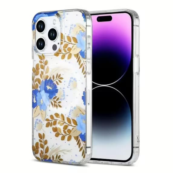 iPhone 15 Pro Max Mobilskal MagSafe - Blommor Blå/Guld