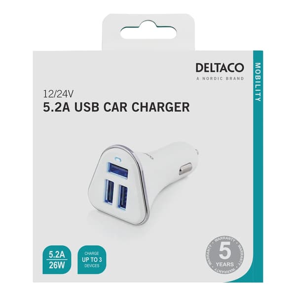 DELTACO Billaddare med 3 USB-kontakter