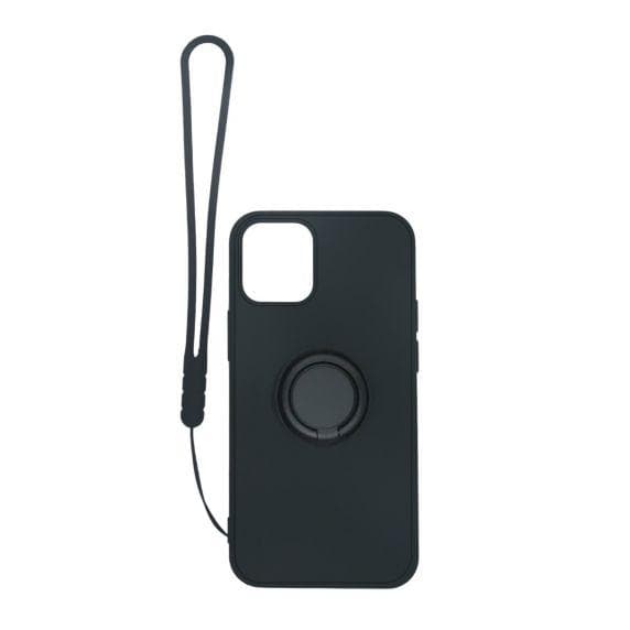 Apple iPhone 12 Pro Max Soft Liquid Silicone Case Black with Magnetic Ring Holder Stand and Slim Hands Strap High Quality