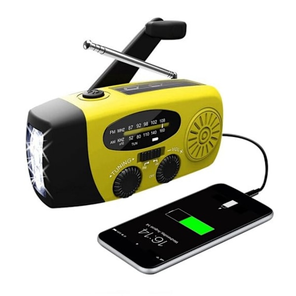 Vevradio med Solceller och Dynamo - Gul