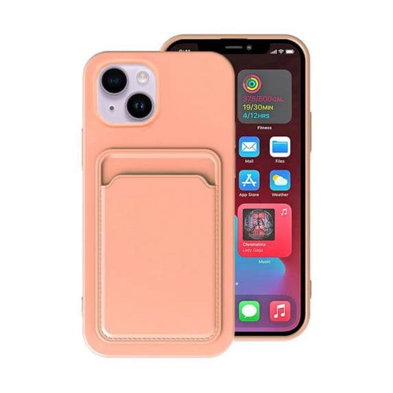 iPhone 15 Mobilskal Silikon med Korthållare - Rosa