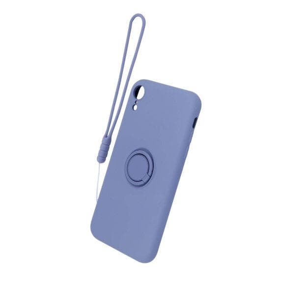 iPhone XR Soft Liquid Silicone Case With Magnetic Ring Holder Stand and Slim Hands Strap Best Quality Grey