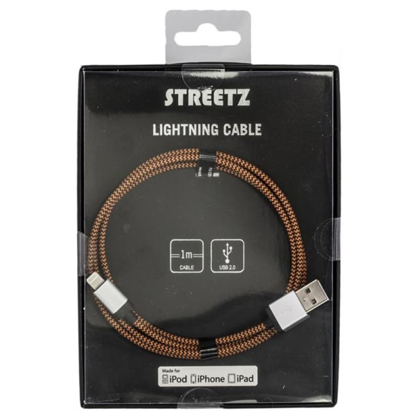 STREETZ USB lightning kabel , tygklädd, MFi, 1m, orange