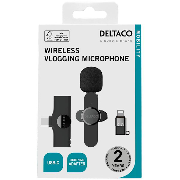 DELTACO Trådlös vlogg-mikrofon, USB-C/Lightning, 1-pack
