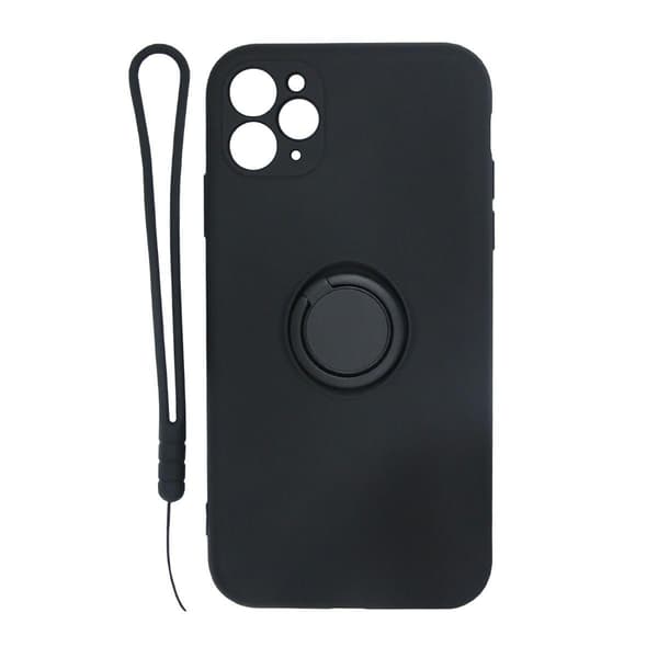 iPhone 11 Pro Max Soft Liquid Silicone Case With Magnetic Ring Holder Stand and Slim Hands Strap Best Quality Black