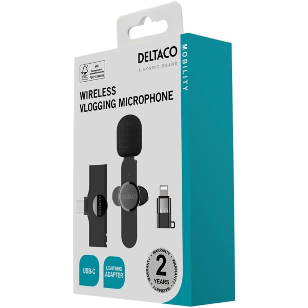 DELTACO Trådlös vlogg-mikrofon, USB-C/Lightning, 1-pack