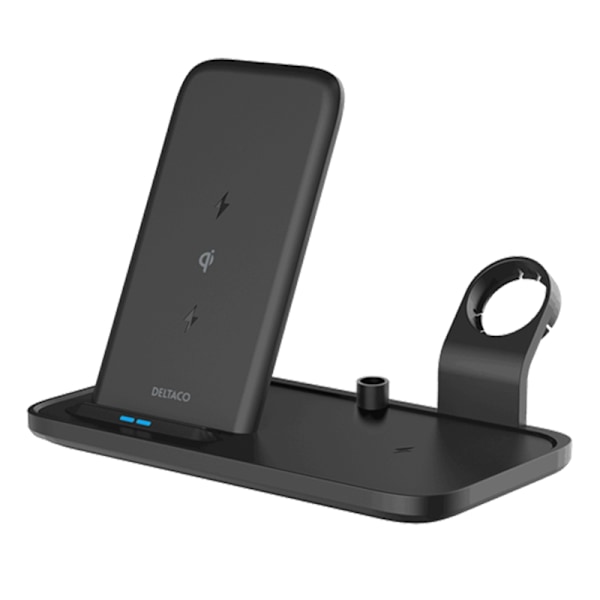 DELTACO 2-i-1 trådlös laddare, 10 W, USB-C, Qi-certifierad, dubbla LED-indikatorer, svart