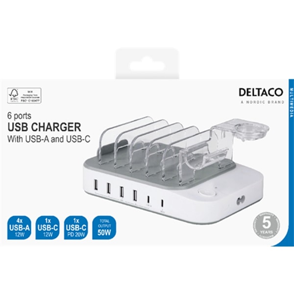 DELTACO USB-laddningsstation, 4x USB-A, 2x USB-C, 50 W, vit