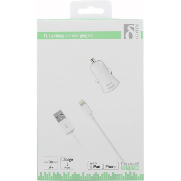 DELTACO Billader med lightning-kabel, 1A, MFi, 12-24V, 1m, hvid